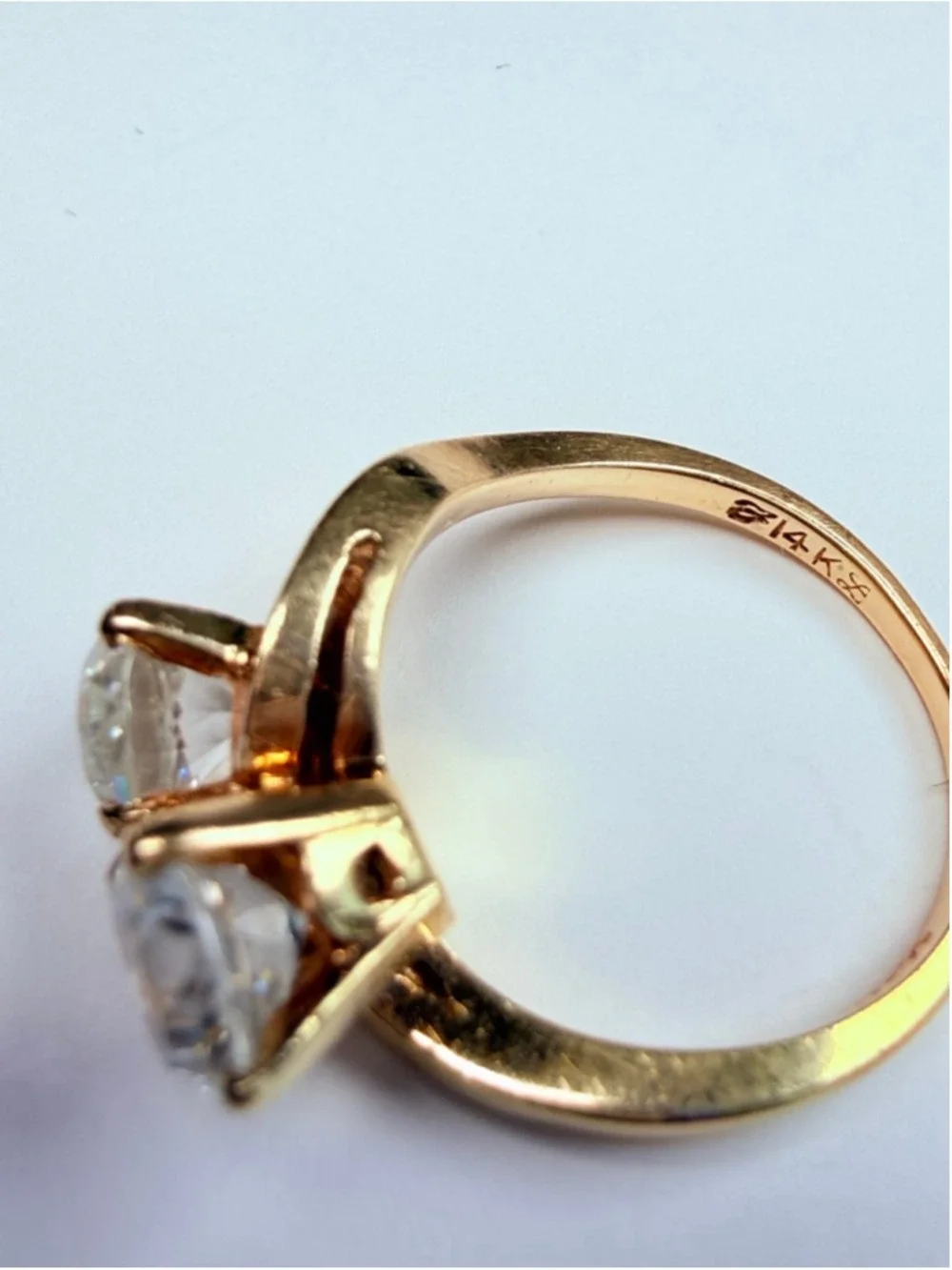 14K Solid Yellow Gold 2 CT White Topaz Toi Et Moi Art Deco Revival VTG RIng